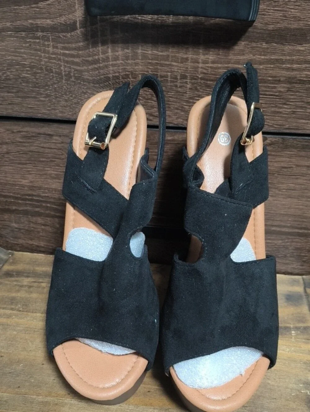 Nature Breeze Black Suede Platform Block Heel Sandals with Gold Accents